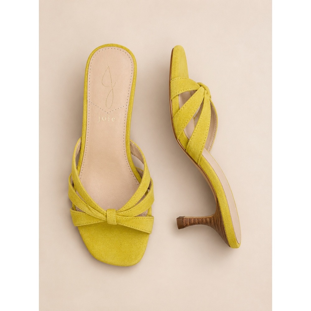 Joie Chartreuse Suede Bow Heeled Sandals Strappy Square Toe Kitten Heel Size 7.5